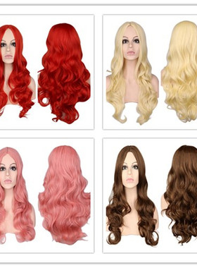 时尚cosplay万用中分长卷发红色黑色淡金色大波浪假发网红主播