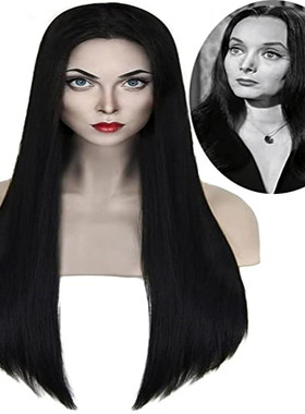 亚当斯一家 Addams 黑色中分大头皮长直发万圣节 cosplay 假发套