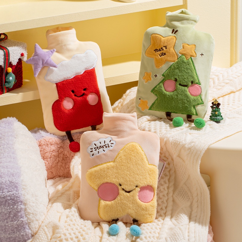 2025新款PVC充水热水袋1800ml大号卡通注水暖水袋圣诞毛绒暖手宝