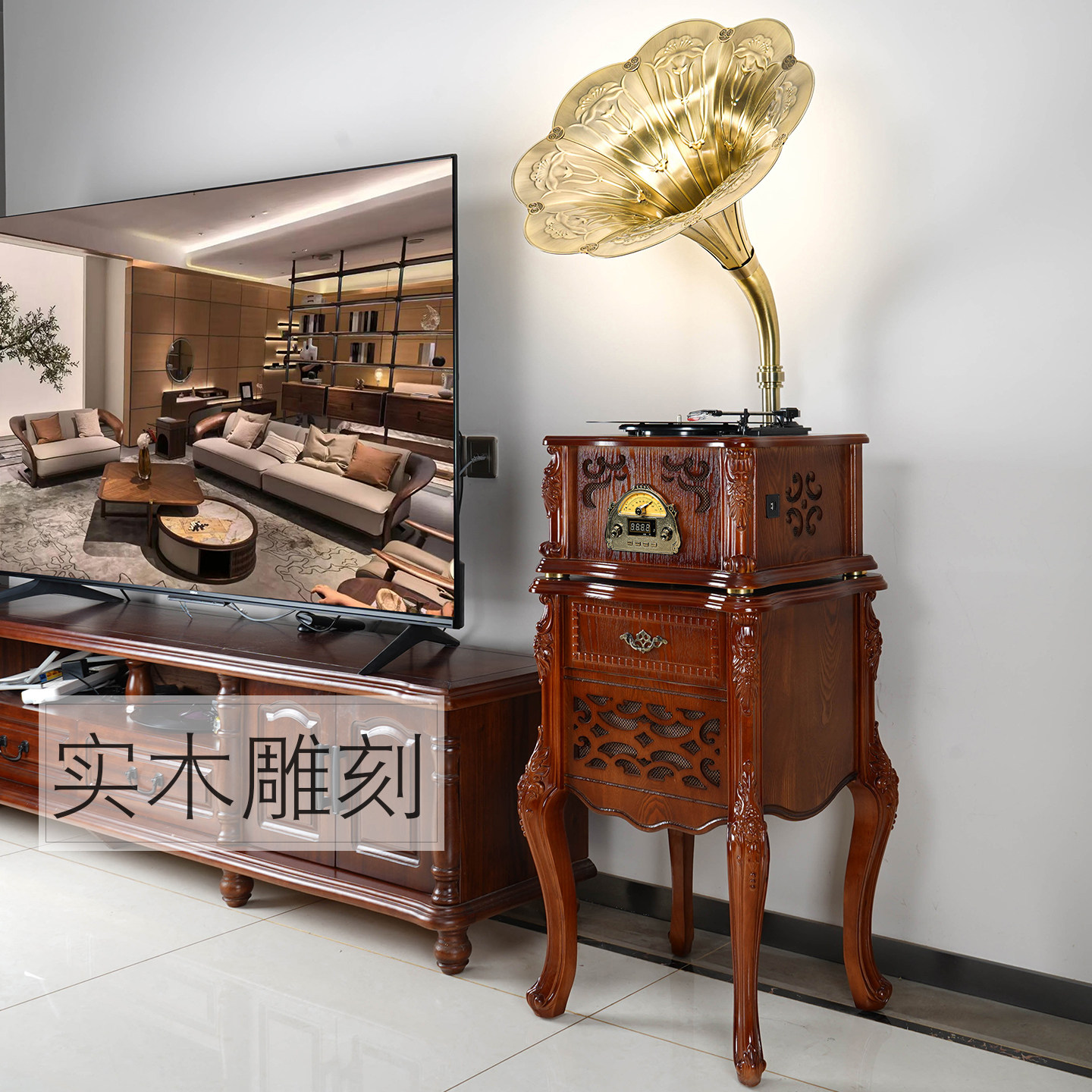 黑胶唱片机木质复古留声机台式客厅欧式实木老式仿古留音机S18