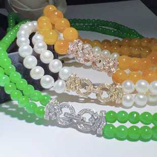 小米珠双串珠链扣18K金钻石DIY双排扣三排扣子珍珠扣手链项链扣头