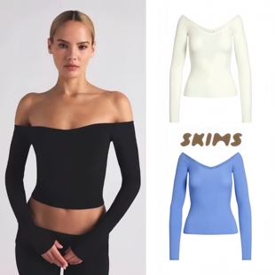 正品skims上衣卡戴珊SOFT LOUNGE螺纹一字肩露背显瘦T恤