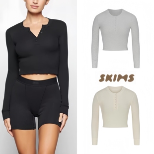 skims塑身衣卡戴珊同款性感V领修身显瘦长袖亨利衫T恤上衣