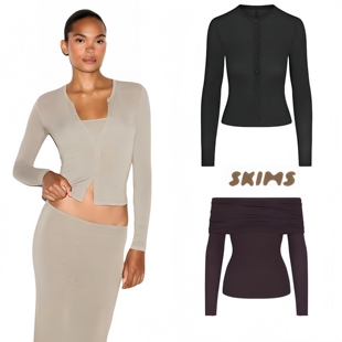 正品skims卡戴珊同款莫代尔纯色修身半透打底衫纽扣上衣