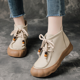 全牛皮秋冬季新款松糕厚底真皮短靴女大码复古加绒靴子宽胖脚女靴