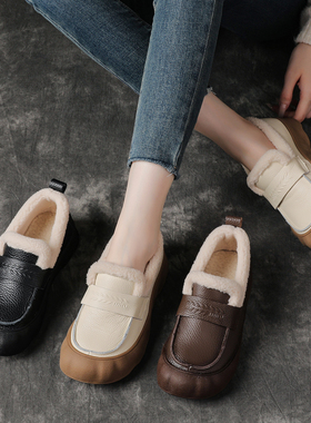 全牛皮冬季新款白色皮鞋厚底真皮棉鞋加绒保暖乐福鞋休闲毛毛鞋女