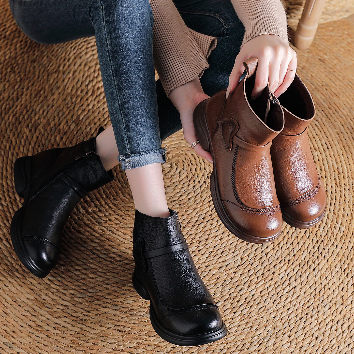 中老年靴子女加绒短靴真皮单靴