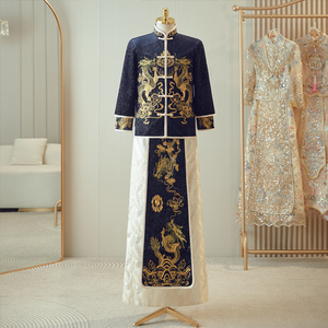 男士丝绒秀禾服2023年新款新郎结婚礼服撞色龙凤褂唐装蓝色马来褂