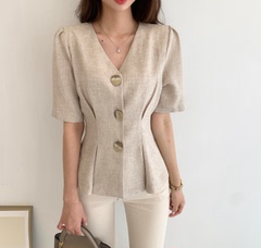 South Korea chic V-neck button up waist jacket