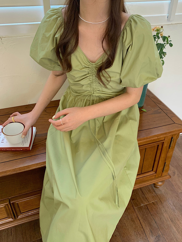 Real shot Korean series small fresh drawstring bubble sleeve dress