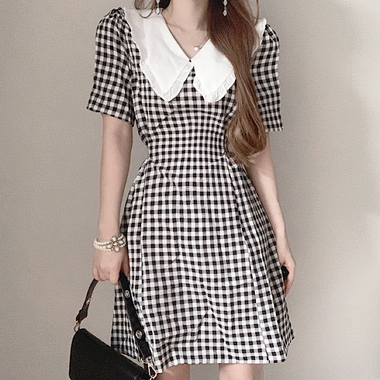 Sweet contrast baby collar Plaid Dress