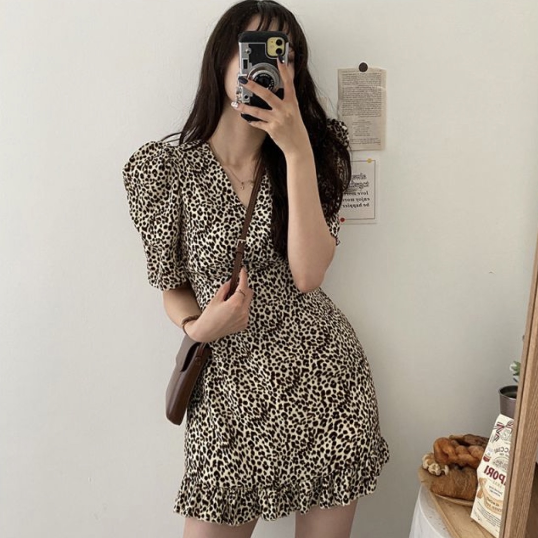 Ghost horse girl leopard V-neck hem dress