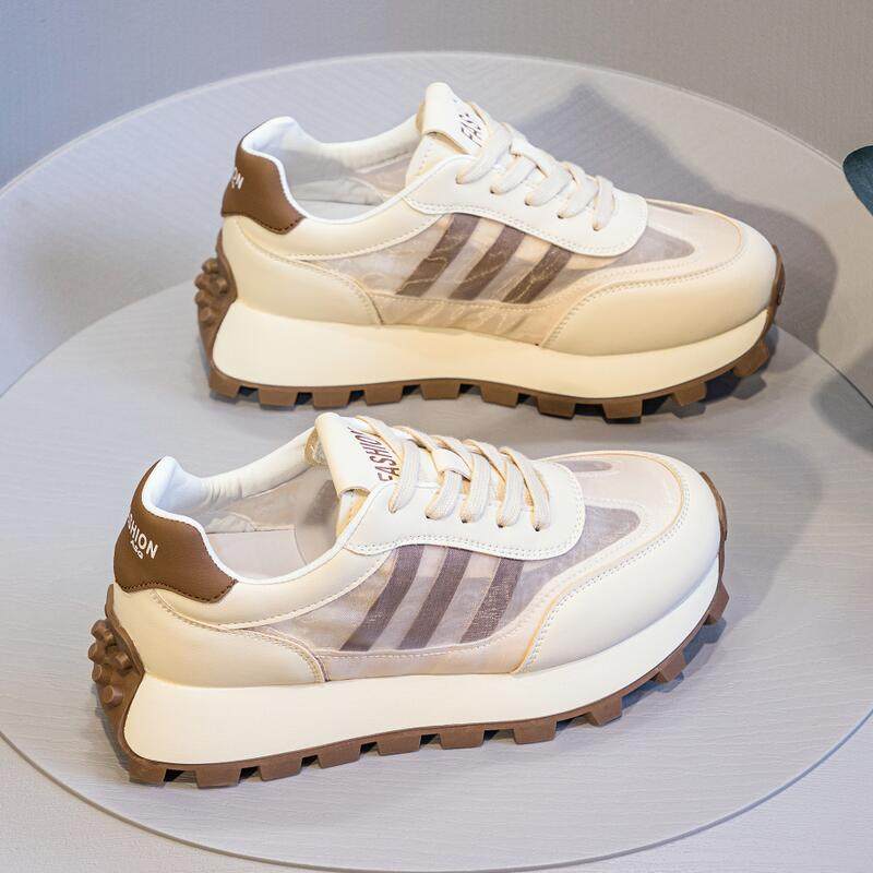 真皮松糕厚底网面透气老爹鞋轻便