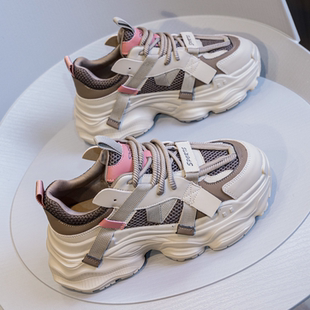 首谷真皮透气老爹鞋女2024春季新款舒适百搭厚底轻便显脚小运动鞋