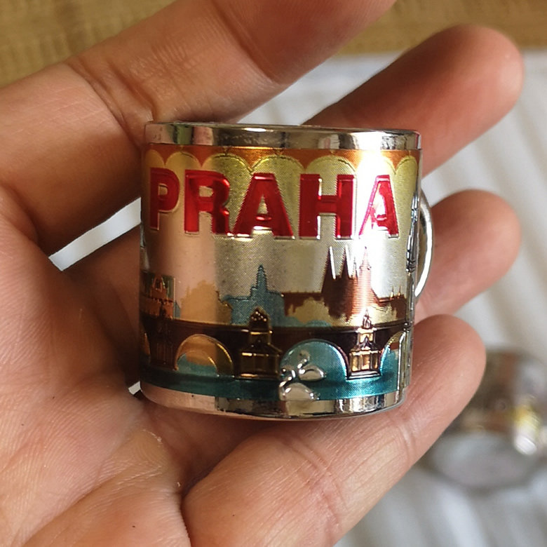 CZECH LOCALS BROUGHT BACK PRAGUE LASER METAL FRIDGE MAGNET IN THE SHAPE OF A SMALL CUP