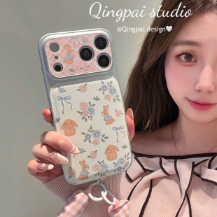 轻派日韩少女花朵兔子手腕挂绳适用苹果17promax手机壳iphone16pro新款 14春天电镀边框大视窗全包硬壳 15女款