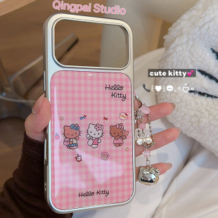 轻派日韩少女粉色格子猫咪挂饰适用苹果17promax手机壳iphone16pro新款 14银色边框13卡通可爱全包硬壳 15女款