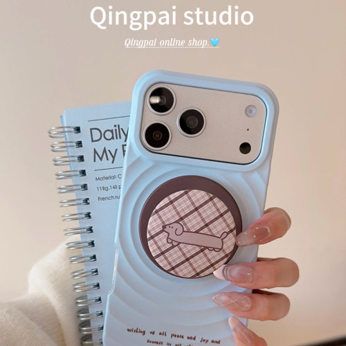 适用苹果手机壳蓝色腊肠狗支架
