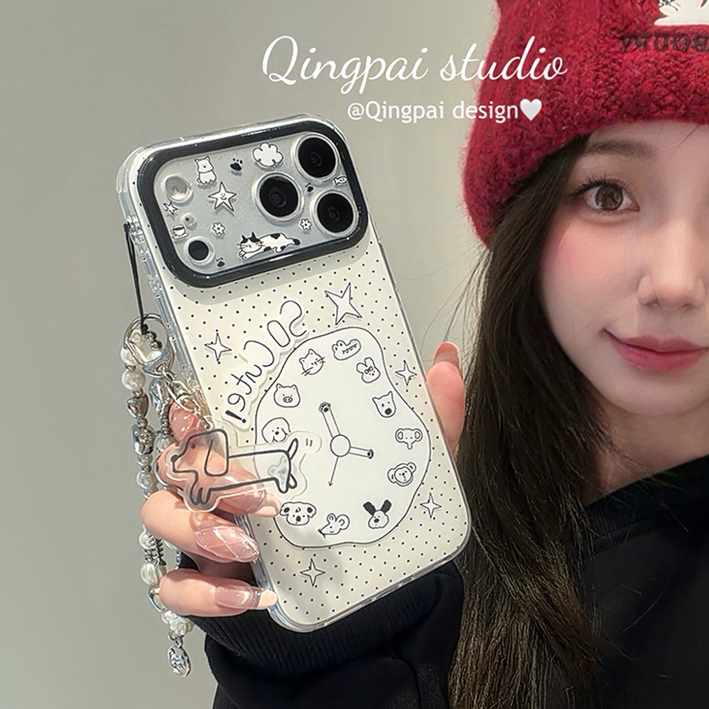 轻派卡通波点时钟小狗带链条适用苹果17promax手机壳iphone16pro新款15女款14个性创意小众13双层壳全包硬壳