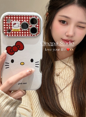 轻派皮质红色格子猫咪表情适用苹果17promax手机壳iphone16pro新款15女款14日韩风可爱少女13大视窗全包硬壳