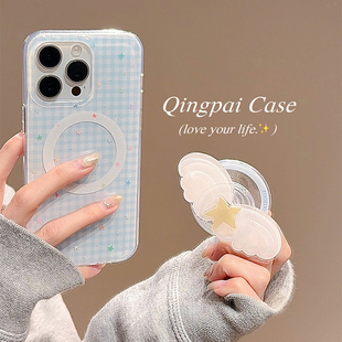 轻派ins风蓝色格子翅膀磁吸支架适用苹果16promax手机壳iphone13新款 14韩系小清新12双层壳全包硬壳 15pro女款