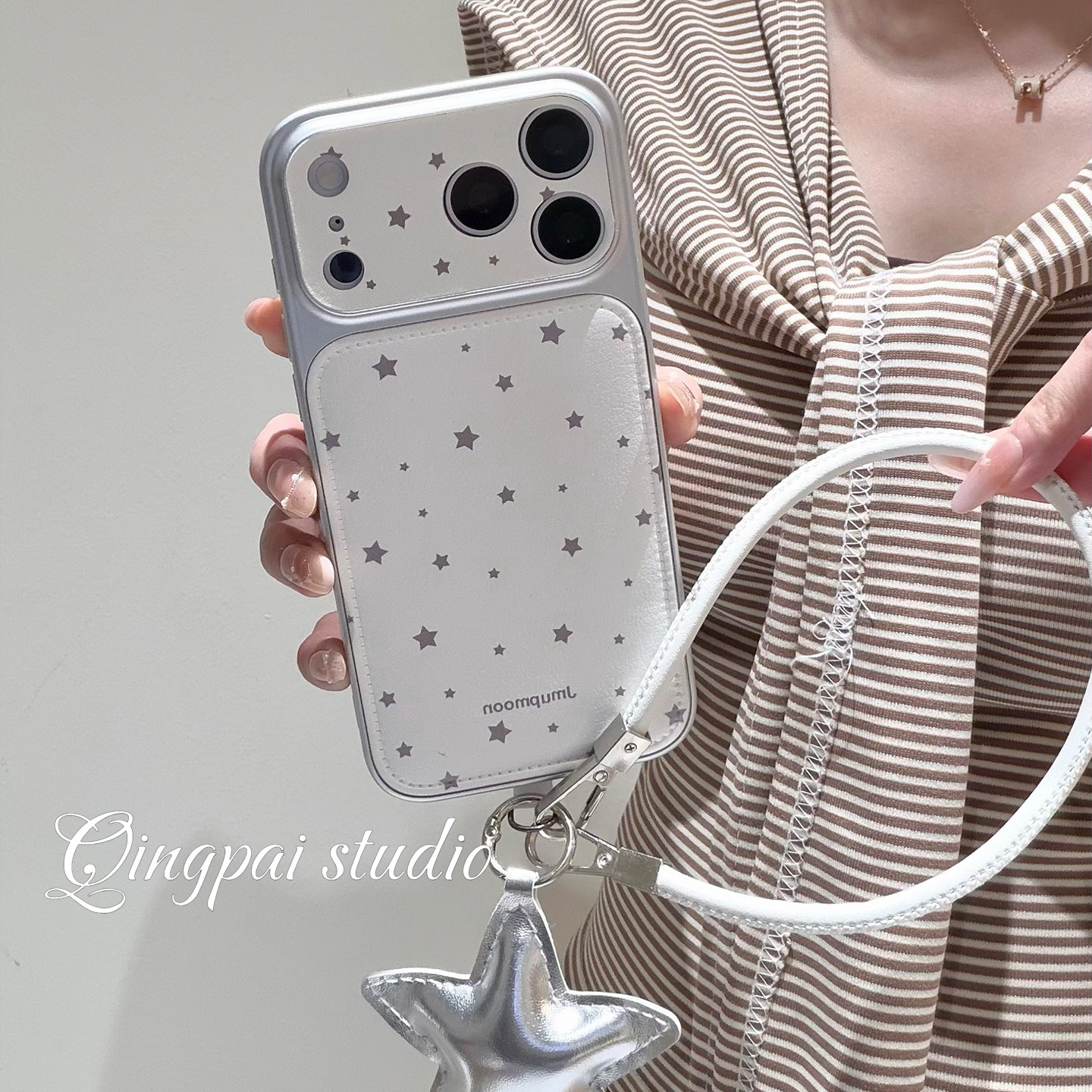 轻派韩风ins简约奶油白星星适用苹果18promax手机壳iphone17pro新款软手提16女款15电镀边框皮纹14全包硬壳