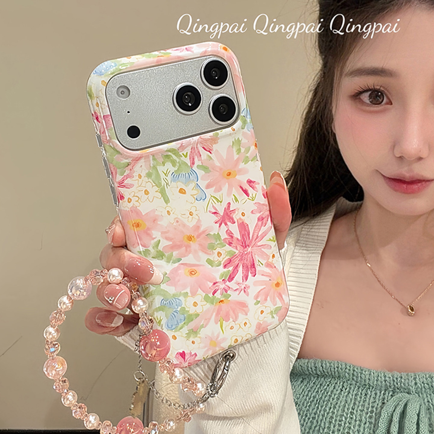 轻派日韩油画粉色花朵带链条适用苹果17promax手机壳iphone16pro新款15promax女款17春日氛围感15pro全包硬壳