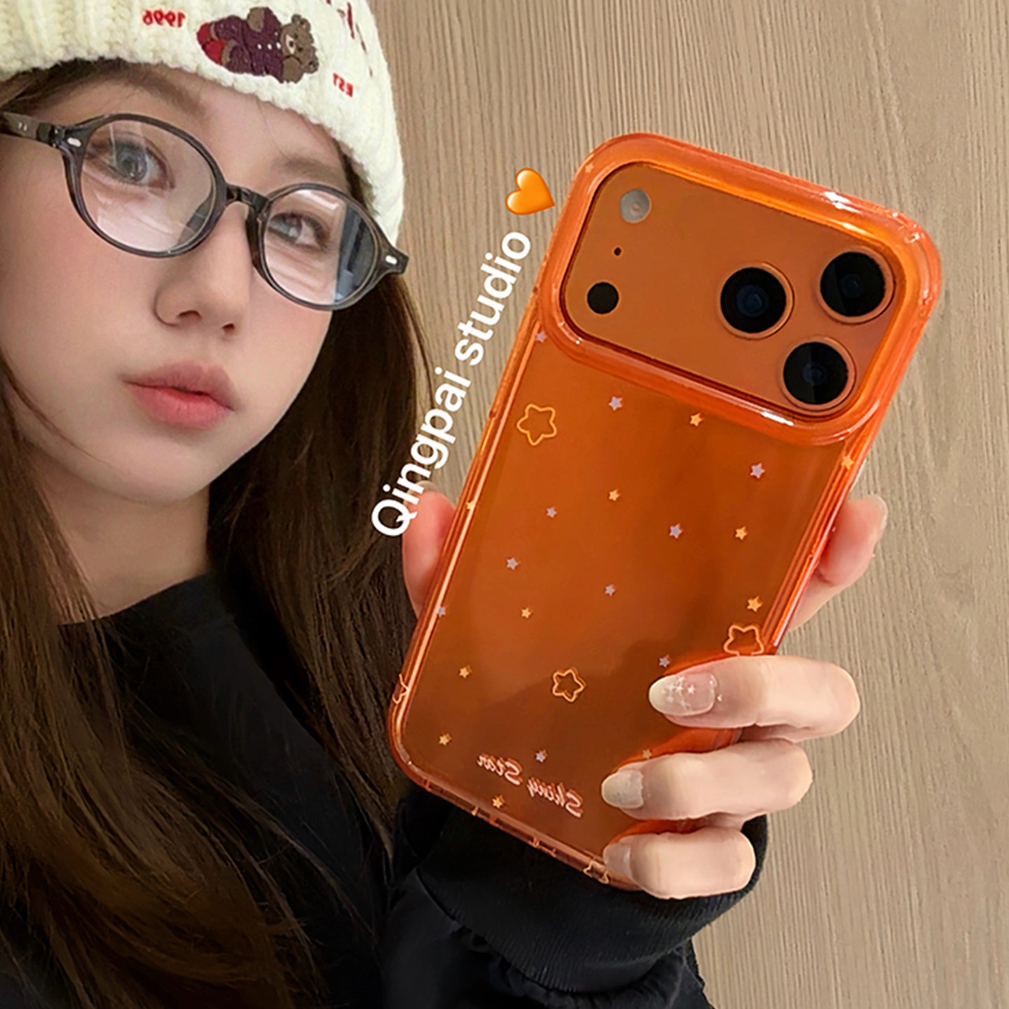 轻派ins风简约高级感橙色涂鸦星星适用苹果17promax手机壳iphone16pro新款15女款14小众创意13双层壳全包硬壳