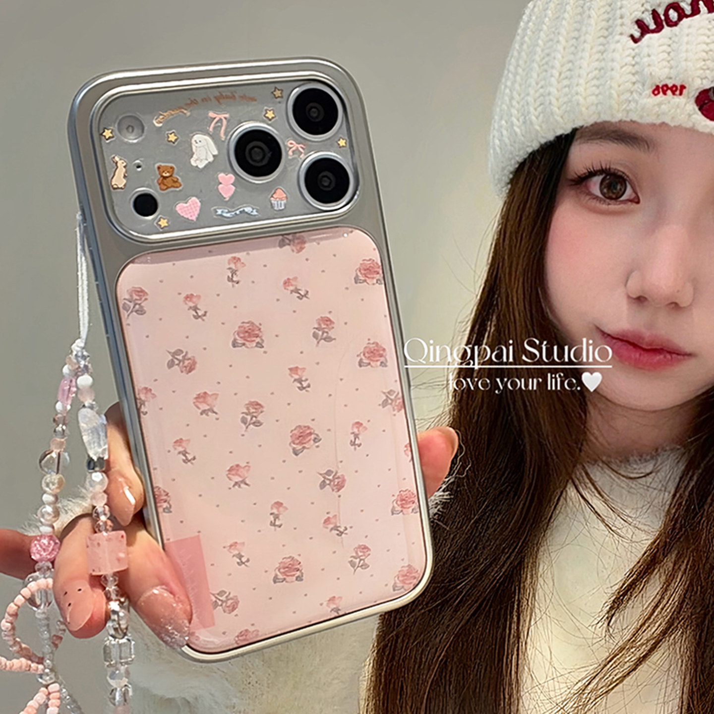 轻派ins韩系少女粉色碎花带链条适用苹果17promax手机壳iphone16pro新款15女款14银色边框13甜美简约全包硬壳