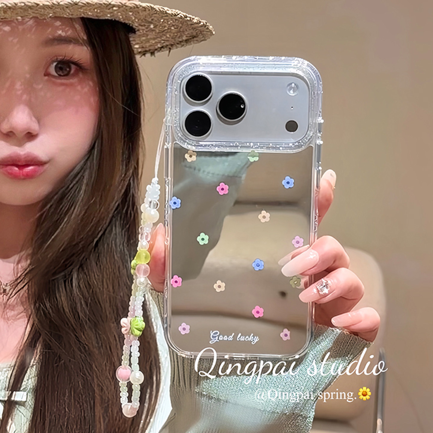 轻派ins韩系镜面彩色花朵带链条适用苹果17promax手机壳iphone16pro新款15promax女款17少女心15pro全包硬壳