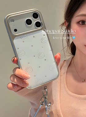 轻派ins白色线条星星猫咪挂绳适用苹果17promax手机壳iphone16pro新款15女款14银色边框13小众高级感全包硬壳