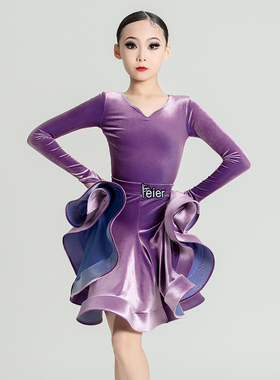 女童拉丁舞比赛规定赛服长袖专业新款标准国际舞蹈裙儿童少儿分体