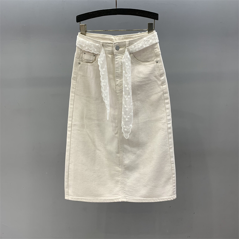 杏色牛仔半身裙女2026春夏新款高腰飘带时尚显瘦开叉a字包臀长裙
