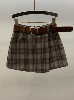 不规则复古格纹毛呢半身裙女2025秋冬新款气质高腰a字包臀短裤裙