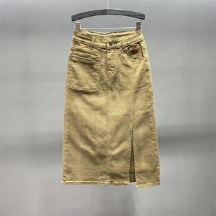 卡其色牛仔半身裙女中长款2026年新款春季工装裙高腰包臀a字长裙