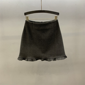 灰色木耳花边毛呢半身裙女2026秋冬新款 高腰百搭显瘦a字包臀短裙