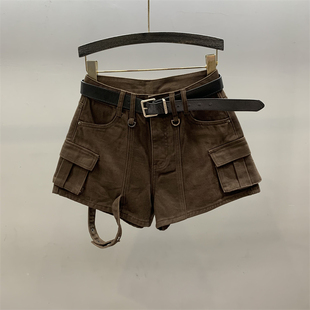 设计感绑带工装牛仔短裤女2026秋季新款高腰宽松休闲a字阔腿靴裤