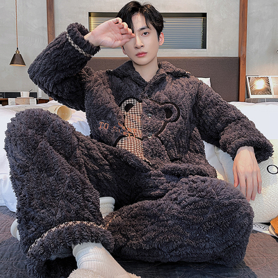 男士睡衣秋冬加厚三层夹棉珊瑚绒
