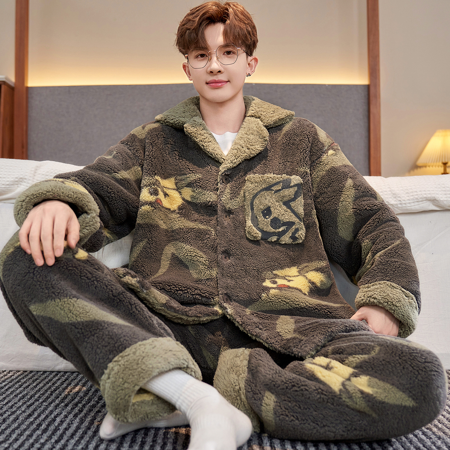 珊瑚绒男士睡衣冬季加绒加厚秋冬