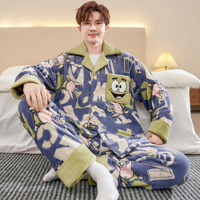 睡衣男款秋冬季卡通珊瑚绒法兰绒