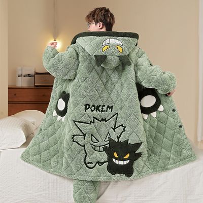 睡袍男款秋冬季三层夹棉加厚加绒