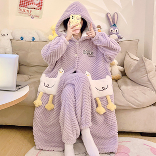 珊瑚绒睡衣女秋冬款加大码睡袍冬季女孩加厚可外穿家居服套装长袍