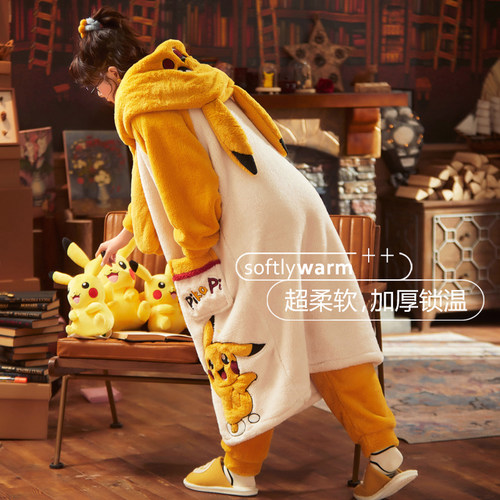 冬季加绒加厚睡袍套装珊瑚款睡衣