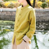 棉麻中国风外套女春秋禅意茶服复古盘扣民族风上衣亚麻立领太极服