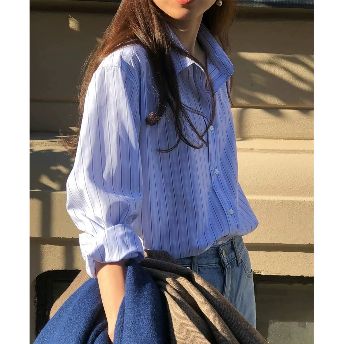 ounce韩国代购宽松显瘦长袖翻领蓝色条纹衬衫2023新款女秋款上衣