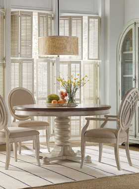 hooker美式奶油风圆形实木餐桌可拉伸伸缩田园风圆顶酒柜餐边柜