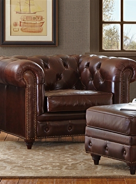 美式简美蜡变皮头层牛皮Channing三人单人全真皮沙发定制
