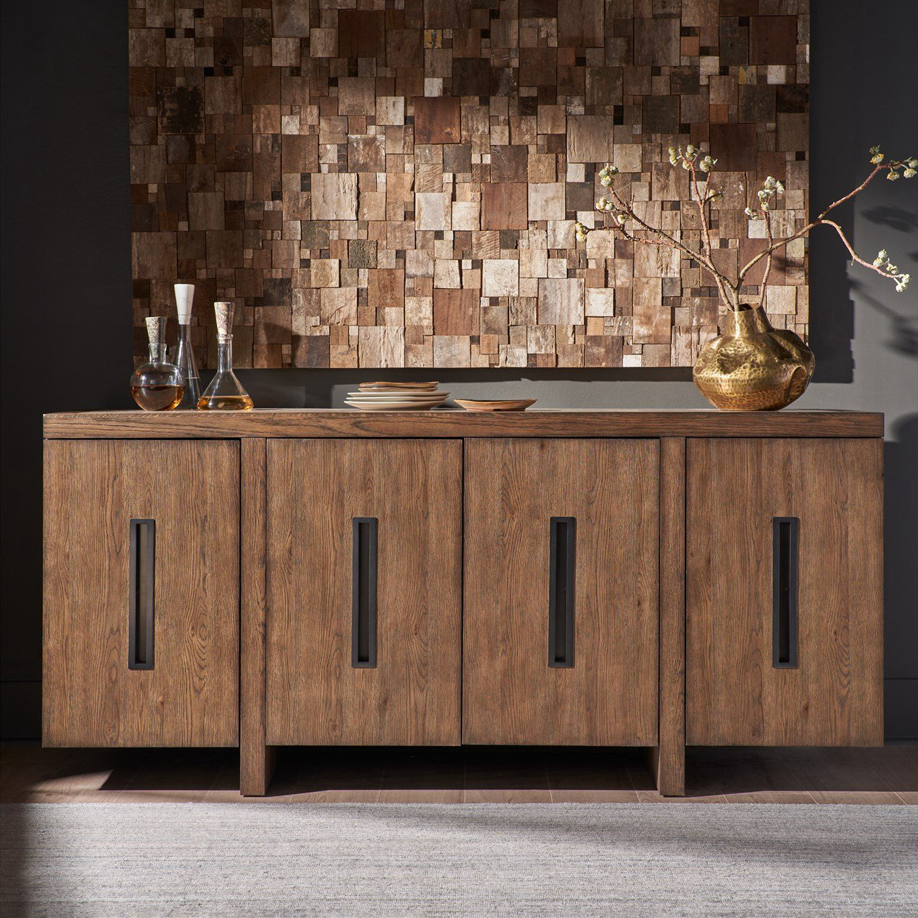 美式简约实木四门餐边柜法式中古风玄关柜靠墙储物柜陈列柜定制