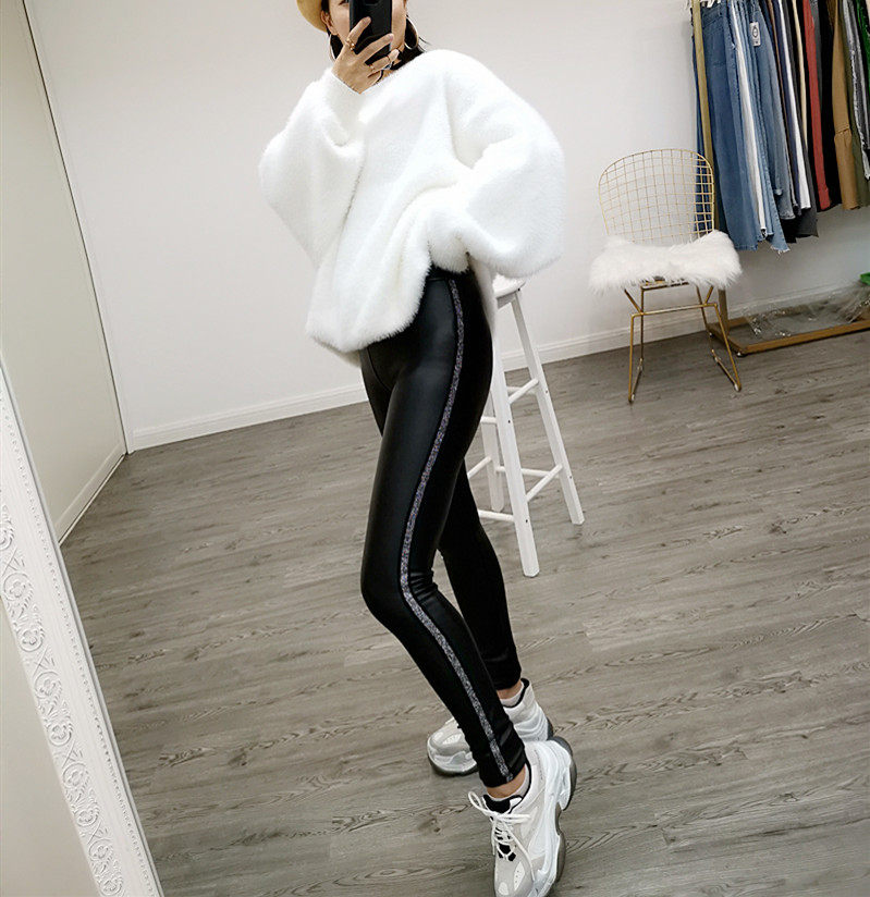 松紧高腰黑色侧边条加绒打底PU皮裤女韩版长裤弹力修身包臀小脚裤