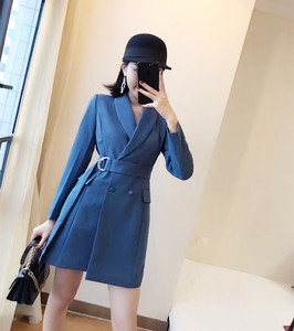 春装欧美大牌中长款西装外套连衣裙修身长袖青果领双排扣系腰带潮